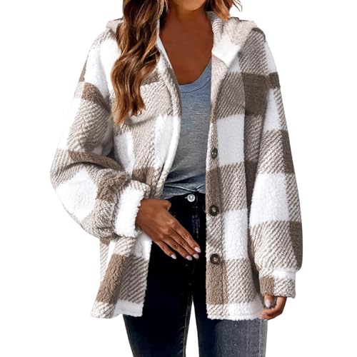 Damen Fleecejacke Warme Bequem Plaid Winterjacke Stylisch Winter Warm Lose Plüsch Knopf Hooded Jacke Plüschjacke Elegant Schick Doppelseitige Fleece Jacke Lässig Steppjacke Plüschmantel Übergangsjacke von Huoghebg