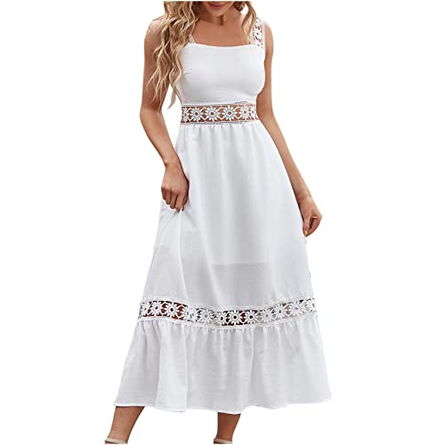 Damen Kleider Sommer Ärmellos Spitzenkleid Lang Schulterfreies Sexy Trägerlos Off Shoulder Rückenfrei Spitzenbesatz Midikleid Swing A-Line Leicht und Luftig Lang Strandkleid Boho Kleid Partykleid von Huoghebg