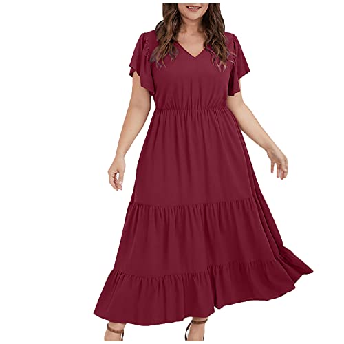 Damen Kleider Sommer Große Größen Lang Sommerkleid Damen Boho Elegant V Ausschnitt Maxikleid Kurzarm A-Linie Rüschen Lose Kleider Für Mollige Frauen Sommer Maxi Sommerkleider Leicht Und Luftig von Huoghebg