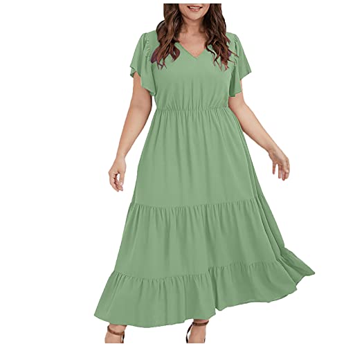 Damen Kleider Sommer Große Größen Lang Sommerkleid Damen Boho Elegant V Ausschnitt Maxikleid Kurzarm A-Linie Rüschen Lose Kleider Für Mollige Frauen Sommer Maxi Sommerkleider Leicht Und Luftig von Huoghebg