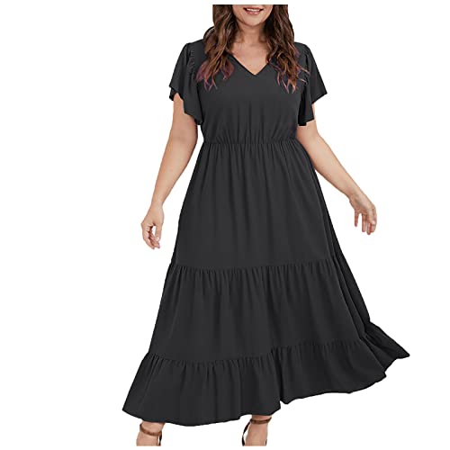 Damen Kleider Sommer Große Größen Lang Sommerkleid Damen Boho Elegant V Ausschnitt Maxikleid Kurzarm A-Linie Rüschen Lose Kleider Für Mollige Frauen Sommer Maxi Sommerkleider Leicht Und Luftig von Huoghebg