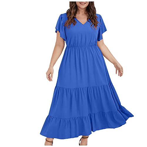 Damen Kleider Sommer Große Größen Lang Sommerkleid Damen Boho Elegant V Ausschnitt Maxikleid Kurzarm A-Linie Rüschen Lose Kleider Für Mollige Frauen Sommer Maxi Sommerkleider Leicht Und Luftig von Huoghebg