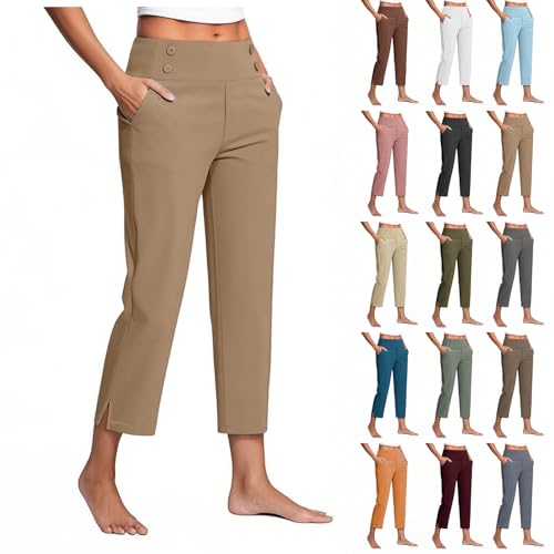 Damen Sommerhose Hosen Lässige Hose Elastische Freizeithosen Einfarbig Slim Gerade Geschnitten Hosen Hohe Taille Dehnbar Yogahose Lang Jogginghose Bauchkontrolle Arbeit Sporthose mit Taschen von Huoghebg