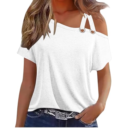 Damen T-Shirt Frauen Elegant Schulterfrei Tshirt Doppelt Träger–Einfarb Kurzarm, Loose Fit Sommer Basic Top Casual Loose Fit, Atmungsaktiv & Bequem für Alltag & Freizeit (Größen S-XXL) von Huoghebg