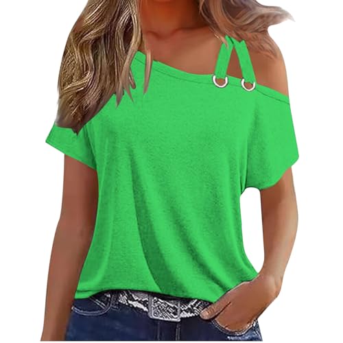 Damen T-Shirt Frauen Elegant Schulterfrei Tshirt Doppelt Träger–Einfarb Kurzarm, Loose Fit Sommer Basic Top Casual Loose Fit, Atmungsaktiv & Bequem für Alltag & Freizeit (Größen S-XXL) von Huoghebg