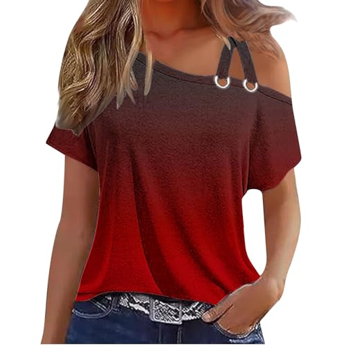 Damen T-Shirt Frauen Elegant Schulterfrei Tshirt Doppelt Träger–Einfarb Kurzarm, Loose Fit Sommer Basic Top Casual Loose Fit, Atmungsaktiv & Bequem für Alltag & Freizeit (Größen S-XXL) von Huoghebg