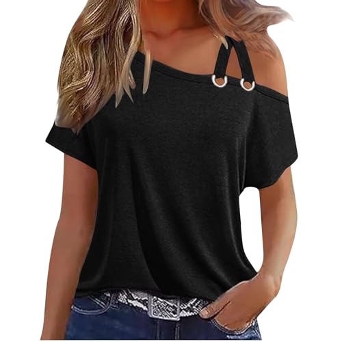 Damen T-Shirt Frauen Elegant Schulterfrei Tshirt Doppelt Träger–Einfarb Kurzarm, Loose Fit Sommer Basic Top Casual Loose Fit, Atmungsaktiv & Bequem für Alltag & Freizeit (Größen S-XXL) von Huoghebg