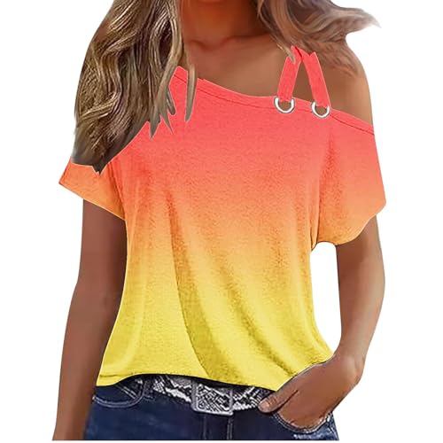 Damen T-Shirt Frauen Elegant Schulterfrei Tshirt Doppelt Träger–Einfarb Kurzarm, Loose Fit Sommer Basic Top Casual Loose Fit, Atmungsaktiv & Bequem für Alltag & Freizeit (Größen S-XXL) von Huoghebg