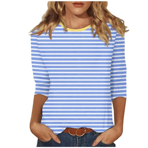 Damen Tshirt Sommer Frauen 3/4 Arm Rundhals Gestreiftes/Drucken Shirts Trendy Oberteile Farbblock Oberteil Basic Tunika Tops Casual Kurzarm Tunika Damen Blusen Elegant Weiß Schwarz von Huoghebg