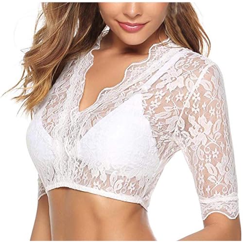 Dirndl Bluse Damen Trachtenbluse Spitzenbluse Damen V-Ausschnitt Mit Flügelärmel/Langarm/Kappenärmel Trachten Oberteil Moderne Tracht Für Oktoberfest Weiß Trachtenmieder Einzigartige Blusen Spitze von Huoghebg