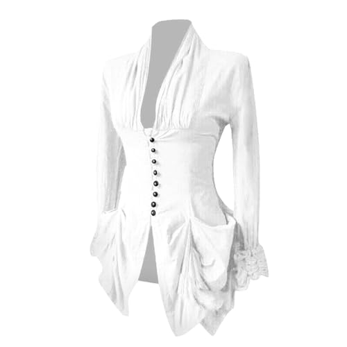 Eleganter Smoking Damen Vintage Steampunk Gothic Renaissance Shirt für Party Mittelalterliche Retro Bluse mit Spitzenbesatz Unregelmäßige Tunika Strickjacke mit V Ausschnitt und Langen Ärmeln von Huoghebg