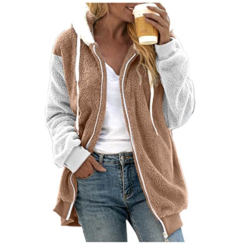 Fleecejacke Damen,Winterjacke Damen Teddy Fleece Mantel Warm Gefüttert Winter Farbblock Kapuzenpullover Flauschig Plüschjacke Sweatshirt mit Kapuze und Taschen Reißverschluss Winterjacke Oversize von Huoghebg