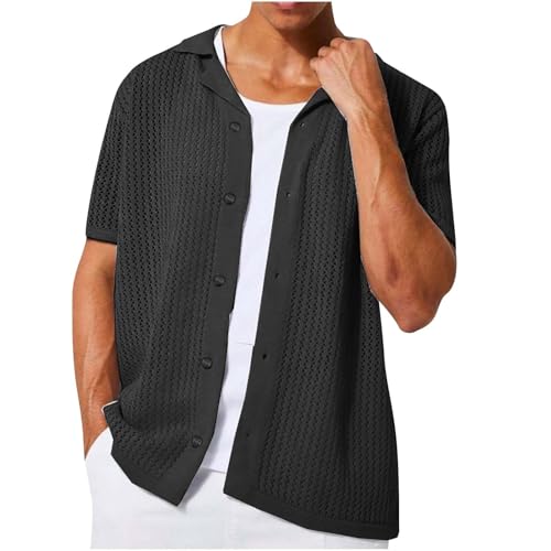Herren Hemd Kurzarm Crochet Cardigan Knit Strick Freizeit Männer Sommer Retro Rever Hemd Tshirt Button Down Slim Fit Hemden Bequeme Leicht Einfarbige Strickhemd Lässig Shirt mit Knopfleiste von Huoghebg