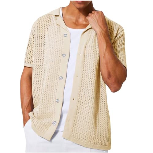 Herren Hemd Kurzarm Crochet Cardigan Knit Strick Freizeit Männer Sommer Retro Rever Hemd Tshirt Button Down Slim Fit Hemden Bequeme Leicht Einfarbige Strickhemd Lässig Shirt mit Knopfleiste von Huoghebg