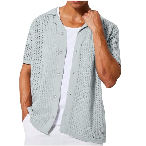 Herren Hemd Kurzarm Crochet Cardigan Knit Strick Freizeit Männer Sommer Retro Rever Hemd Tshirt Button Down Slim Fit Hemden Bequeme Leicht Einfarbige Strickhemd Lässig Shirt mit Knopfleiste von Huoghebg