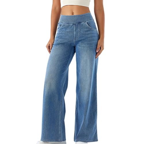 Huoghebg Baggy Jeans Damen Frauen Stretch Wide Leg Jeans Damen Denim Hose mit Gummibund Stretch High Waist Jeanshosen Weite Gerades Bein Weites Bein Bequeme Hose Jeanshosen Mit Taschen von Huoghebg
