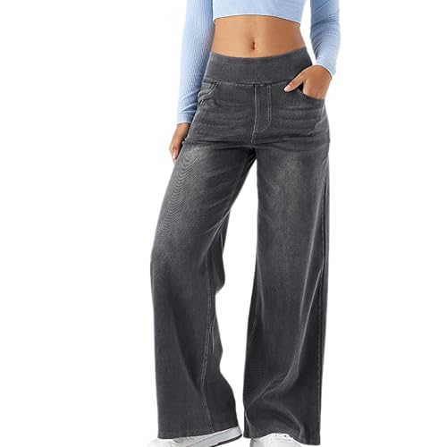 Huoghebg Baggy Jeans Damen Frauen Stretch Wide Leg Jeans Damen Denim Hose mit Gummibund Stretch High Waist Jeanshosen Weite Gerades Bein Weites Bein Bequeme Hose Jeanshosen Mit Taschen von Huoghebg