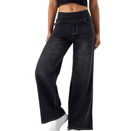Huoghebg Baggy Jeans Damen Frauen Stretch Wide Leg Jeans Damen Denim Hose mit Gummibund Stretch High Waist Jeanshosen Weite Gerades Bein Weites Bein Bequeme Hose Jeanshosen Mit Taschen von Huoghebg