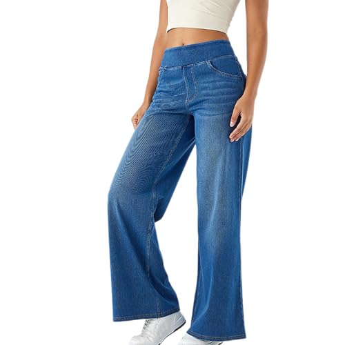 Huoghebg Baggy Jeans Damen Frauen Stretch Wide Leg Jeans Damen Denim Hose mit Gummibund Stretch High Waist Jeanshosen Weite Gerades Bein Weites Bein Bequeme Hose Jeanshosen Mit Taschen von Huoghebg