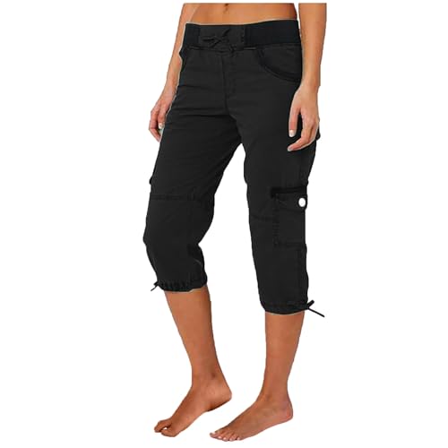 Huoghebg Cargohose Damen Sommer Frauen Baumwolle Knielang Cargo Shorts 3/4 Arbeitshose Sommerhose Einfarbig Caprihose Hohe Taille Freizeithose Elastisch Sporthose Jogginghose Stoffhose mit Taschen von Huoghebg