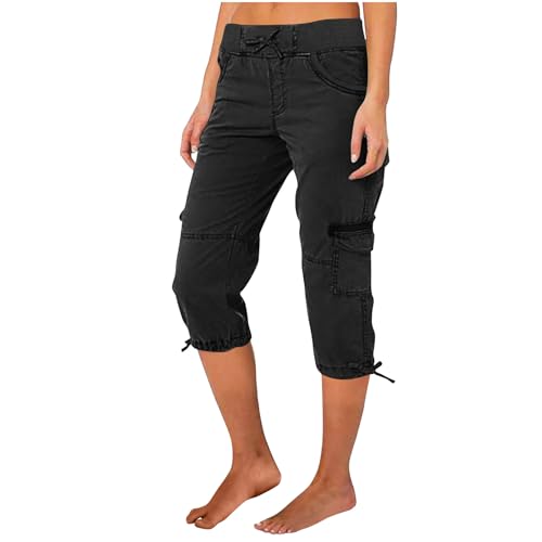 Huoghebg Cargohose Damen Sommer Frauen Baumwolle Knielang Cargo Shorts 3/4 Arbeitshose Sommerhose Einfarbig Caprihose Hohe Taille Freizeithose Elastisch Sporthose Jogginghose Stoffhose mit Taschen von Huoghebg