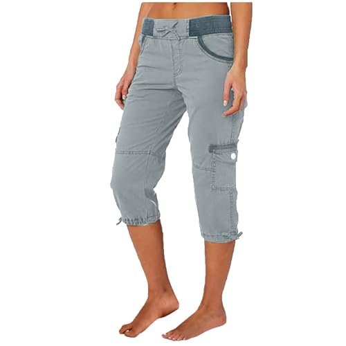 Huoghebg Cargohose Damen Sommer Frauen Baumwolle Knielang Cargo Shorts 3/4 Arbeitshose Sommerhose Einfarbig Caprihose Hohe Taille Freizeithose Elastisch Sporthose Jogginghose Stoffhose mit Taschen von Huoghebg