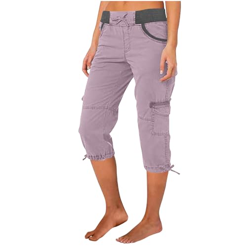 Huoghebg Cargohose Damen Sommer Frauen Baumwolle Knielang Cargo Shorts 3/4 Arbeitshose Sommerhose Einfarbig Caprihose Hohe Taille Freizeithose Elastisch Sporthose Jogginghose Stoffhose mit Taschen von Huoghebg