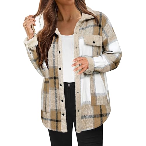 Huoghebg Kurzmantel Damen Hemdjacke Karierte Jacke Langarm Loose Flanell Jacke mit Knöpfen Übergangsjacke Revers Holzfällerhemd Casual Mantel mit Tasche Winter Warm Hemdjacke Elegant Sweatjacke Damen von Huoghebg