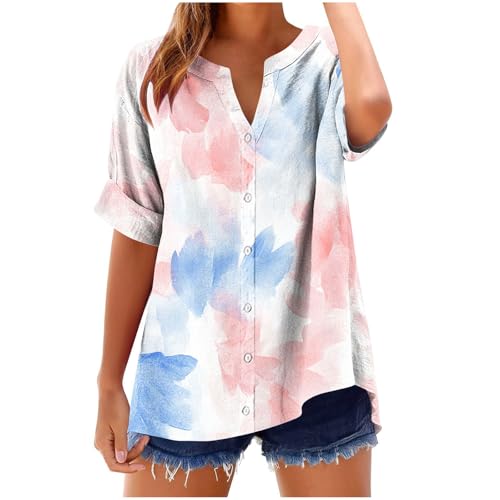 Huoghebg Leinenbluse Damen, Musselin Bluse Damen Oversized Sommer Hemdbluse Baumwolle Große Größen Lose Tunika V-Ausschnitt Blusenshirt Langarmshirt Leinen Baumwoll Hemd Oberteile mit Knopleiste von Huoghebg