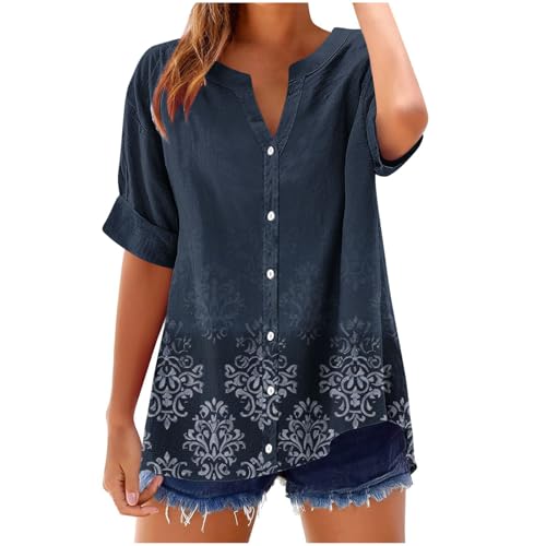 Huoghebg Leinenbluse Damen, Musselin Bluse Damen Oversized Sommer Hemdbluse Baumwolle Große Größen Lose Tunika V-Ausschnitt Blusenshirt Langarmshirt Leinen Baumwoll Hemd Oberteile mit Knopleiste von Huoghebg