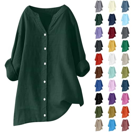 Huoghebg Leinenbluse Damen Warehouse Deals Angebote, Weiße Bluse Damen Freizeit Baumwolle Leinen Blusen Leinenhemd Lose Langarm Cotton Blusen Frau Einfarbig Langarmshirt, Atmungsaktiv für Sommer von Huoghebg