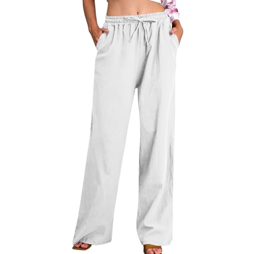 Huoghebg Leinenhose Damen Sommer Sale Angebote Weite Hose Leicht Leinen Elastischem Bund Kordelzug Freizeithose Hohe Taille Lose Sommerhose Freizeit Einfarbig Bequeme Stretch Straight Leg Hose von Huoghebg
