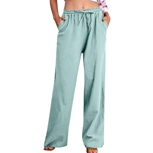 Huoghebg Lockere Hosen Damen Sale, Damen Leinenhose Sommer High Waist Palazzo Musselin Hose Sporthose Leichte Sommerhose Baumwolle Leinen Hosen Freizeithose Bequeme Luftig mit Kordelzug und Taschen von Huoghebg