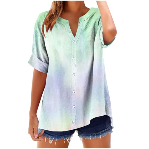 Huoghebg Musselin Bluse Damen, Leinenbluse Damen Sommer Button-Down Leinenhemd Oberteile Baumwolle Oversized V Ausschnitt Leinenbluse Bluse Musselin Hemd Elegant Top Große Größen Leinen Kleidung von Huoghebg