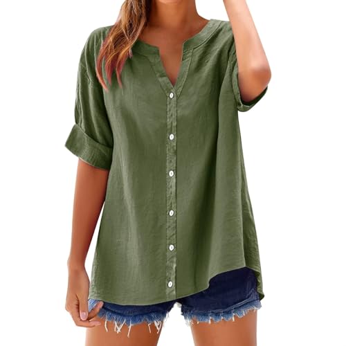 Huoghebg Musselin Bluse Damen Günstig Elegant Leicht Baumwolle Oversize Tuniken Leinenbluse Einfarbig Lässiges Hemd Oberteile Sommer Button-Down Leinenhemd Locker Große Größen Musselinbluse von Huoghebg