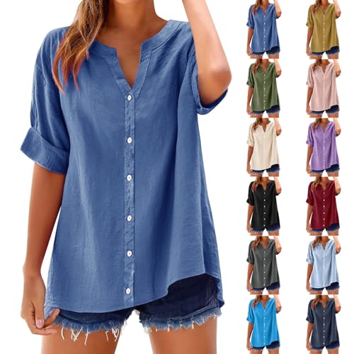 Huoghebg Musselin Bluse Damen Günstig Elegant Leicht Baumwolle Oversize Tuniken Leinenbluse Einfarbig Lässiges Hemd Oberteile Sommer Button-Down Leinenhemd Locker Große Größen Musselinbluse von Huoghebg