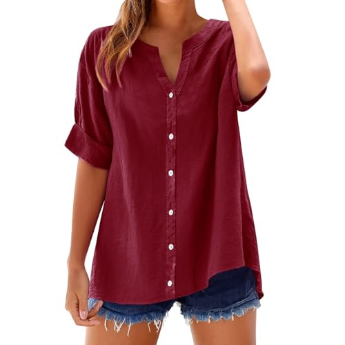 Huoghebg Musselin Bluse Damen Günstig Elegant Leicht Baumwolle Oversize Tuniken Leinenbluse Einfarbig Lässiges Hemd Oberteile Sommer Button-Down Leinenhemd Locker Große Größen Musselinbluse von Huoghebg