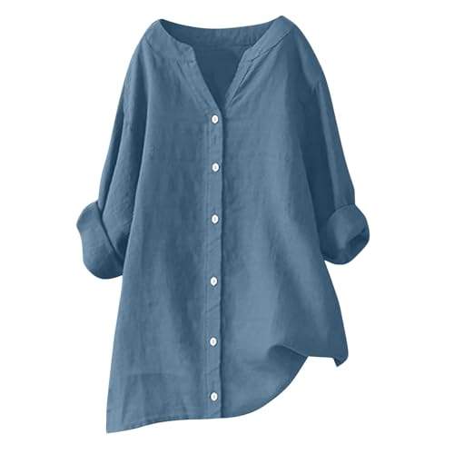 Huoghebg Musselin Bluse Damen Sale Angebote Oversized Baumwolle Leinen mit Knopfleiste Langarm Oberteile Elegant Leinenblusen Damen Sommer Long V Ausschnitt Longbluse Lässiges Langarmshirt Bluse von Huoghebg