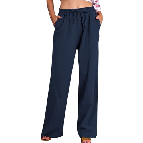 Huoghebg Musselin Hose Damen Leichte Sommerhose mit Kordelzug und Taschen Leinenhose Baumwolle Leinen Hosen Lang Freizeithose Gummizug Lockere Bequeme Luftig Strandhose Schlupfhose Palazzo Relaxhose von Huoghebg