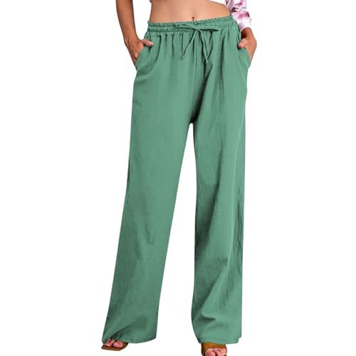 Huoghebg Musselin Hose Damen Leichte Sommerhose mit Kordelzug und Taschen Leinenhose Baumwolle Leinen Hosen Lang Freizeithose Gummizug Lockere Bequeme Luftig Strandhose Schlupfhose Palazzo Relaxhose von Huoghebg