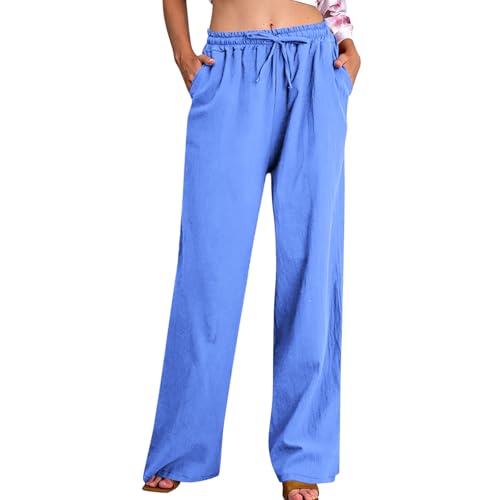 Huoghebg Musselin Hose Damen Leichte Sommerhose mit Kordelzug und Taschen Leinenhose Baumwolle Leinen Hosen Lang Freizeithose Gummizug Lockere Bequeme Luftig Strandhose Schlupfhose Palazzo Relaxhose von Huoghebg