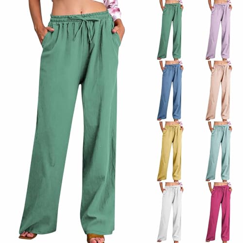 Huoghebg Musselin Hose Damen Sale Angebote 2025 Sommer Leinen Baumwolle Beach Hosen Mit Taschen Sommerhose Leicht Stoffhose Stretch Gerades Bein Kordelzug Leinenhose Einfarbig Locker Bequeme Hose von Huoghebg