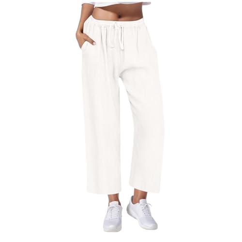 Huoghebg Musselin Hose Damen Sommerhose mit Kordelzug und Taschen Casual Einfarbig Freizeithose Bequeme Leinenhose aus Baumwolle, Stoffhose Stretch Leicht Leinenhose Straight Leg Hosen Loungewear von Huoghebg