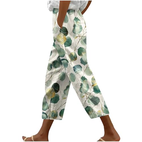 Huoghebg Sommerhose Damen Leicht Frauen Blumen Länge Stoffhose 7/8 Luftig Lockere Dünne Relaxhose Lässige Blumenprint Haremshose Bequeme Freizeithose Strandhose Leichte Straight Leg Hose Mit Taschen von Huoghebg