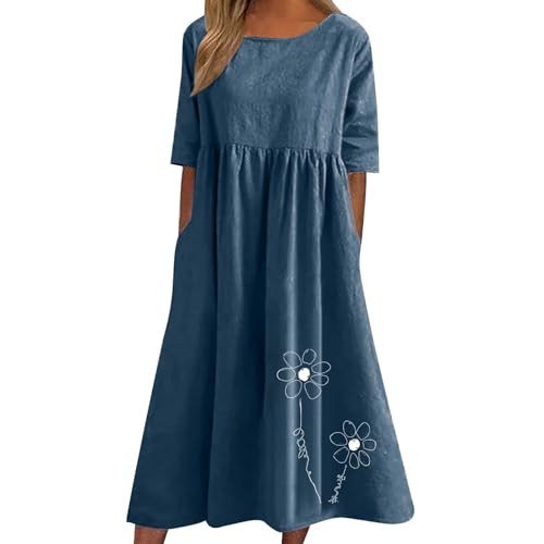 Huoghebg Sommerkleid Damen, Leinenkleid Damen Sommer Leinen Kleider Casual Kurzarm Kleid Baumwolle Drucken Strandkleid Midi Leinenkleider Rundhals Einfarbig Blumenmuster Freizeitkleid mit Taschen von Huoghebg