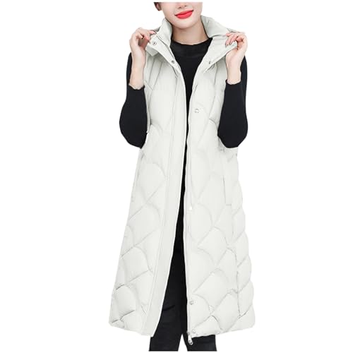 Huoghebg Weste Damen Lang Winterjacke mit Kapuze mit Doppeltasche Einfarbig Warme Winter Mäntel Outdoor Winddichter Parka Leichte Wanderweste Ärmellos Steppweste Daunenweste Übergangsjacke von Huoghebg
