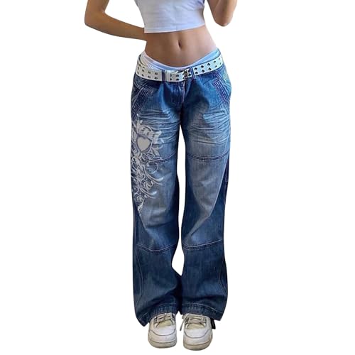 Jeans Damen Frau Jeanshosen mit Low Waist Y2K Style Harajuku Streetwear Hose Casual Weite Baggy Denimhose Vintage Straight Leg Hosen Baggy Cargo Jeans Mädchen Print Wide Leg Denim Pants Streetwear von Huoghebg