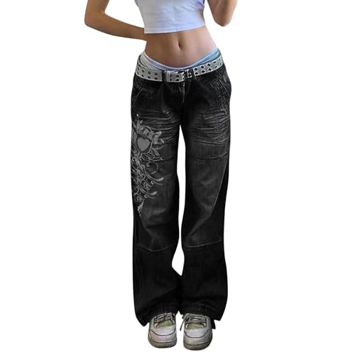 Jeans Damen Frau Jeanshosen mit Low Waist Y2K Style Harajuku Streetwear Hose Casual Weite Baggy Denimhose Vintage Straight Leg Hosen Baggy Cargo Jeans Mädchen Print Wide Leg Denim Pants Streetwear von Huoghebg