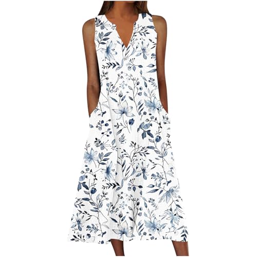 Kleid Damen Sommer Elegant Lang Sommerkleid V-Ausschnitt Ärmelloses Kleider Blumendruck A Linie Kleider Mit Taschen Maxikleid Frauen Leicht Und Luftig Strandkleid Lockeres Damenkleider von Huoghebg