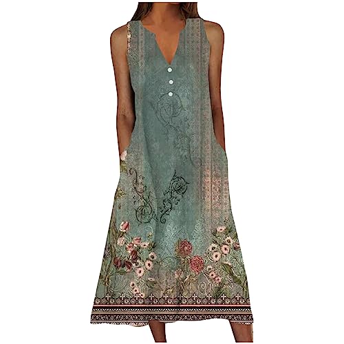 Kleid Damen Sommer Elegant Lang Sommerkleid V-Ausschnitt Ärmelloses Kleider Blumendruck A Linie Kleider Mit Taschen Maxikleid Frauen Leicht Und Luftig Strandkleid Lockeres Damenkleider von Huoghebg